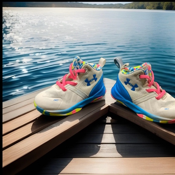Under Armour Kids Colorful Sneakers Size 5 K Pink Laces White Blue Yellow - Picture 1 of 10